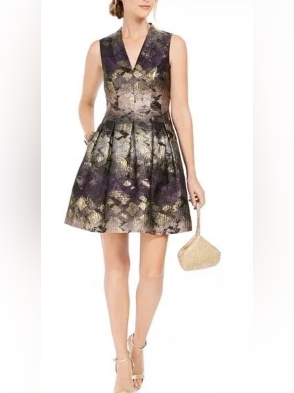 Vince Camuto Metallic Floral Halter Fit-and-Flare Dress in Purple and Gold